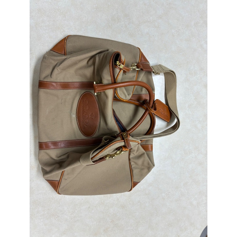 Brooks Brothers Canvas Leather Trim Duffle Bag Tan Brown Travel Weekender 4989